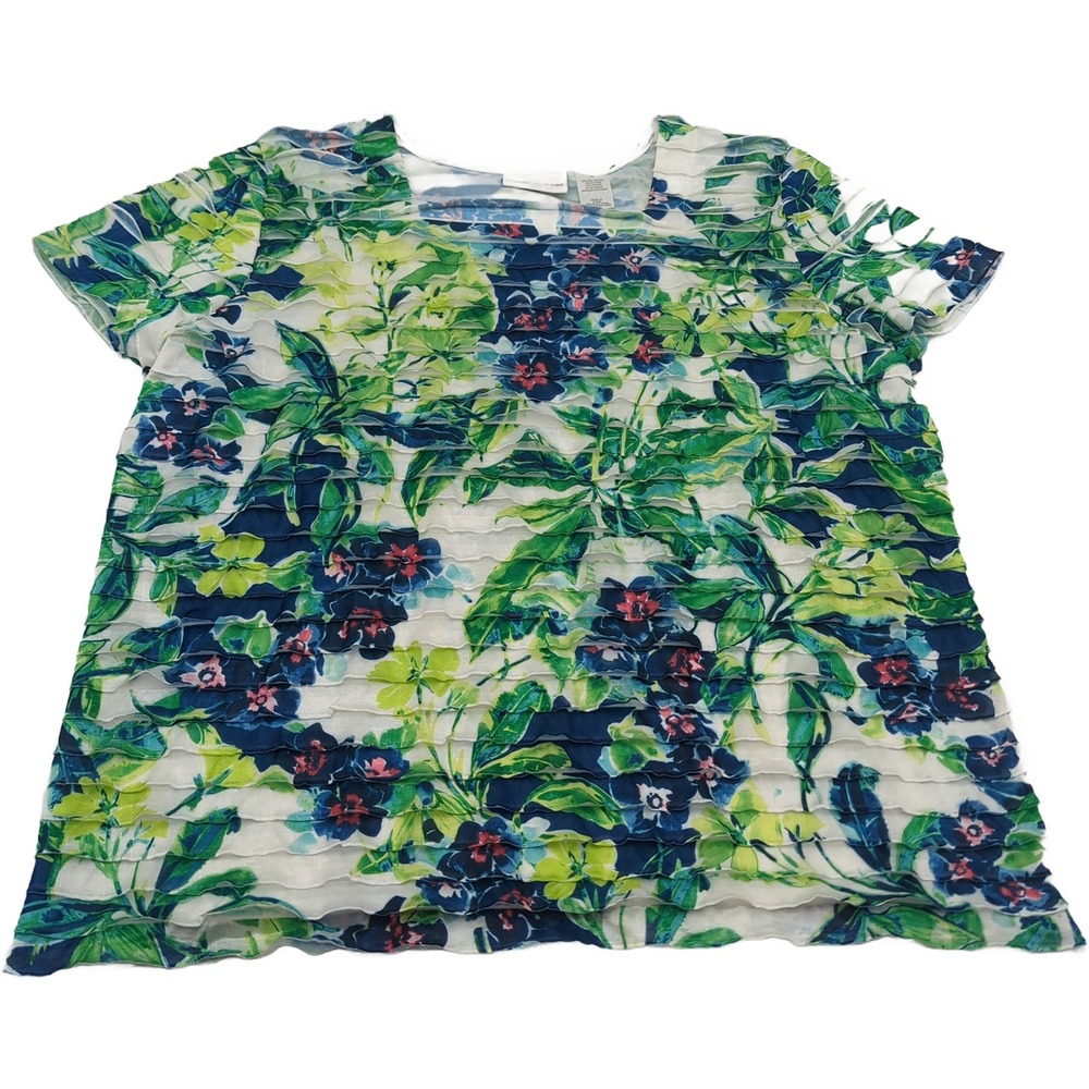 Alfred Dunner Floral Ruffle Tiered Short Sleeve Top Green Blue Medium